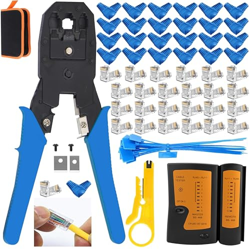 MAYLINE Crimp Tool RJ45/RJ12/RJ11, Ethernet Computer Maintenance Cat5 Cat6 Cable Tester Repair Wire Stripping Cutter, 6P 8P Crimper Cutter, Network Crimping Tool Kit Set (Blue)