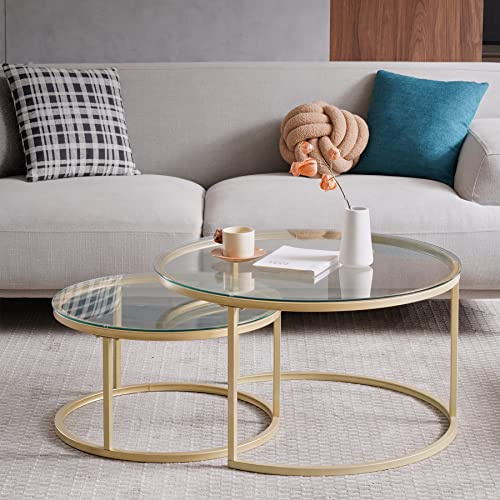 DEYARNA HOME Juego de 2 Mesas Nido de Café Doradas, Mesas Nido de Cristal para Salón, Dormitorio, Mesa Auxiliar Moderna con Cristal Templado Transparente (Vidrio/Oro, 60cm+40cm)
