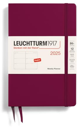 LEUCHTTURM1917 371014 Veckokalender Paperback (B6+) 2025, Port Red, engelska