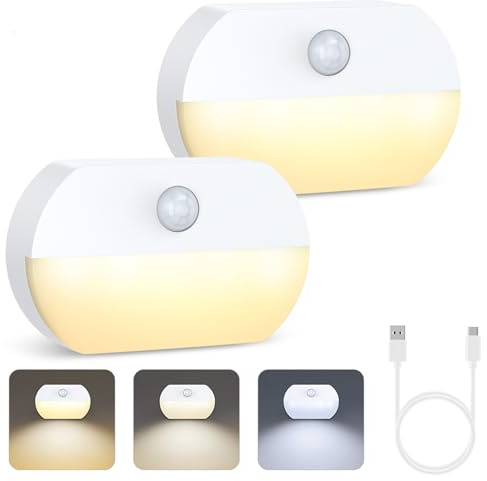 OQIMAX Nachtlicht mit Bewegungsmelder, 2 Stück Typ-C LED Nachtlicht mit 3 Modi (AUTO/OFF/ON), 3 Farbtemperaturen Einstellbar (6000K-4000K-3000K), Nachtlicht Kinder für Schlafzimmer, Küche, Treppe