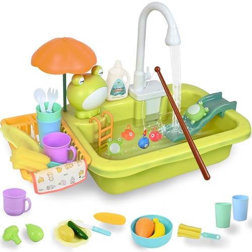 Ulikey Spielspüle Kinder, Küchenspüle Spielzeug Set mit Wasserkreislauf, 2-in-1 Elektrischem Wasserhahn, Schwimmendes Angelspielzeug, Schürze, Spielzeug Zubehör Küche Rollenspiel für Kinder 3+ (Grün)