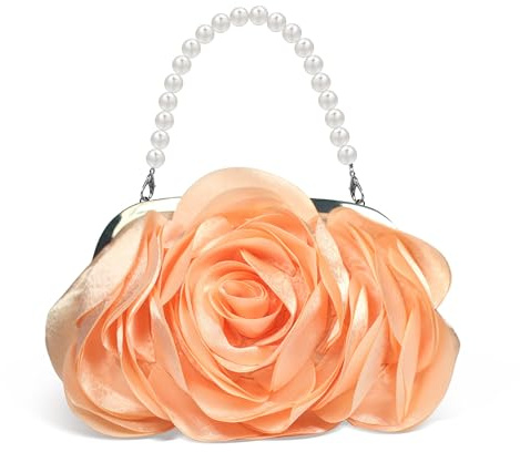 HuiYStar Damen Frizione Tasche Abendtasche aus Satin mit 3D-Blumen Umhängetasche mit Kettenriemen, champagner