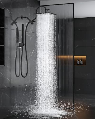 All Metal Dual Shower Head Combo with Curved Extension Arm, 10 High Pressure Rain Shower Head with Handheld Spray, Square Adjustable Rainfall Showerhead System, 71 Extra Long Shower Hose, Black