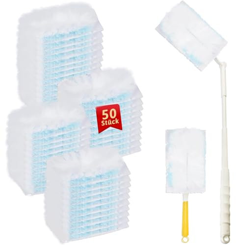 52 Stück Staubmagnet Staubwedel Nachfülltücher mit teleskopstange, Staubwischer Staubfänger Mikrofaser Einweg-Staubmagnet Staubwedel Nachfüllpack für Fang Tierhaare Staub Schmutz (180°)