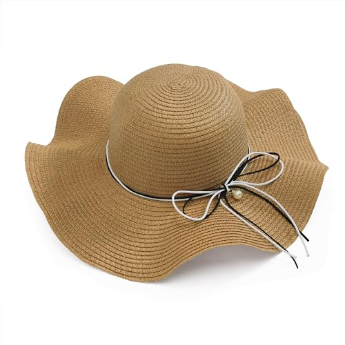 JJDreams Damen Boho Strohhut Faltbarer Sonnenhut Strandhut Sommerhut mit Breite Krempe Schleife für Reise Urlaub und Strand,Khaki