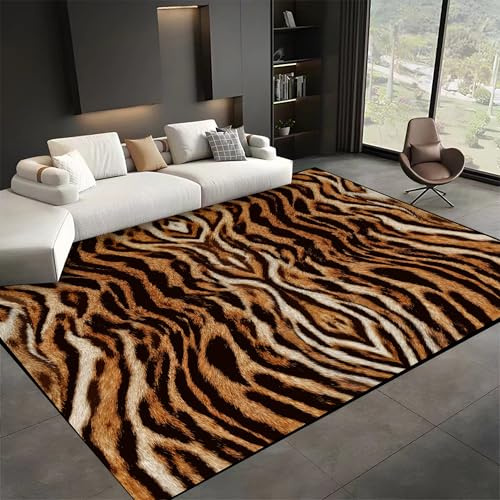 SMXVRC Brauner Animalprint Wohnzimmer Teppich, 120x180cm, Tigermuster Tierfell Streifen Wohnzimmerteppich, Komfortabel Langlebig Waschbar Fußmatte Faltbar rutschfeste Teppiche für Esszimmer