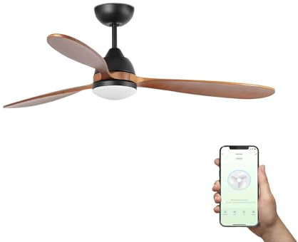 Faro Poros Grand ventilateur de plafond à 3 pales, noir mat, noyer, avec éclairage 2 700 K, système intelligent Tuya