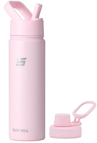 SUNWILL Metal Water Bottle with Straw Stainless Steel, 650ml Insulated Leakproof Thermal Flask with 2 Lids for Cold and Hot Drink, Running, Sports, Gym, Travel, Sakura
