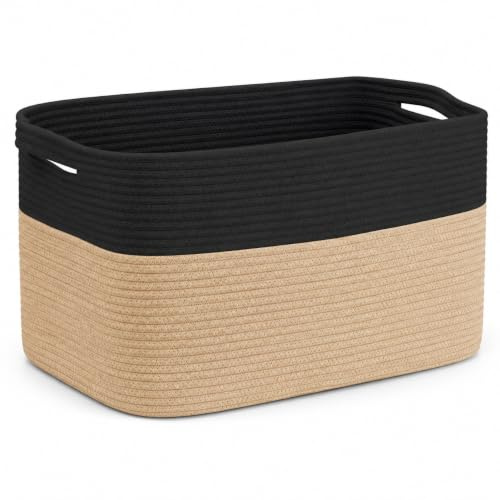Toemics Large Cotton Rope Storage Basket with Handle 65L Soft Laundry Hamper for Blanket, Pillow, Toy, Clothes Collapsible Woven Basket for Bedroom, Living Room, Nursery, 55x38x30cm (Black and Jute)