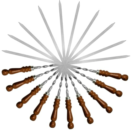 10 st. set BBQ Edelstahlspieß mit Holzgriff 60 cm lang 1,2cm breit 3mm Grillspieße Schaschlikspieße Barbecuespieß Extra Stark Edelstahl Schampura für Fleisch, Gemüse, Pilze, Kebab Rouladenspieße