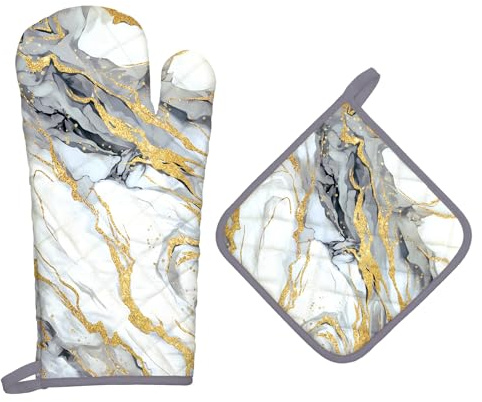 Arquiel Gants De Four & Maniques Marbre Beige Doré Lot De 2, 100% Coton Maniques Cuisine Gant Four Anti Chaleur Extra-Longue pour Barbecue, Griller,Micro-Ondes Décoration Cadeaux Vacances