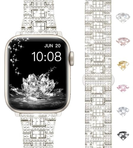 Femme Bracelet Diamant Brillant Bracelet compatible avec Apple Watch 38/40/41/42/44/45/46/49mm, Original Design Scintillant de Luxe Avec Diamants pour iWatch Série 11 10 9 8 7 6 5 4 3 2 1 Ultra SE