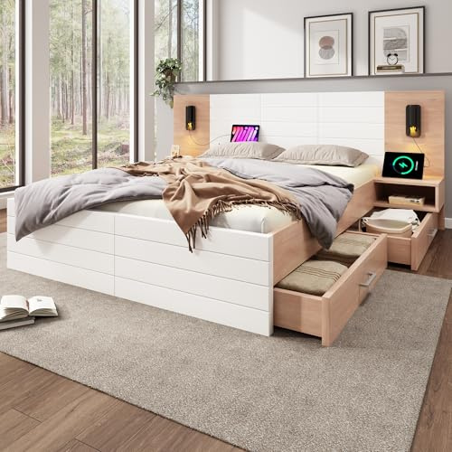 Doppelbett Bettrahmen mit hohes Kopfteil und 2 Schubladen, stabil Stauraumbett mit Holzlattenunterstützung, Modernes Bett für Erwachsene & Jugend, Ohne Matratze(Eiche+weiß-bettanlage,180 x 200 cm)