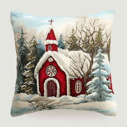 XDEGHUANGSS Latch Hook Kit de alfombra de nudos cojín 43 x 43 cm – Funda de cojín mullida DIY con plantilla preimpresa, para niños principiantes, iglesia de Navidad