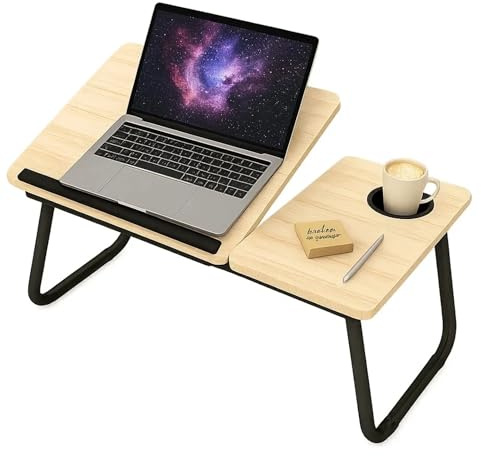Laptop Desk, Laptop Bed Table with Foldable Legs & Cup Slot, Reading Holder Notebook Stand Breakfast Bed Tray Book Holder for Sofa, Bed, Terrace, Balcony (White Wooden)