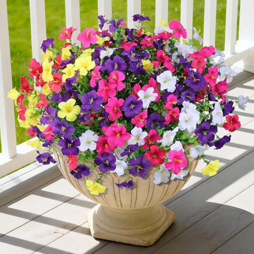 Homsunny Faux Hanging Flowers Plants with Baskets Outdoor-Fake Morning Glory False Silk Morning Glory Planter Outside Porch Patio Balcony Garden Spring Summer Decor (Mixed Colors)