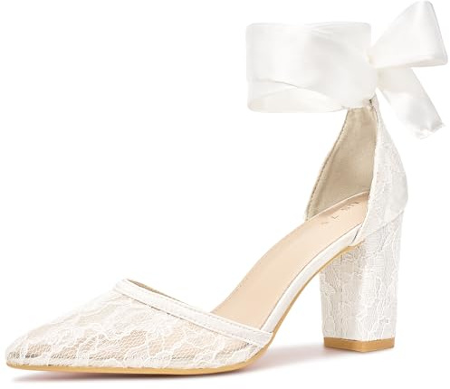 Perphy Women's Lace Up Pointed Toe Block Heel Bridal Wedding Lace Pumps | Lace pointed toe block heels, Long satin wrap ribbon tie, Cushioned insole for wedding & date nights