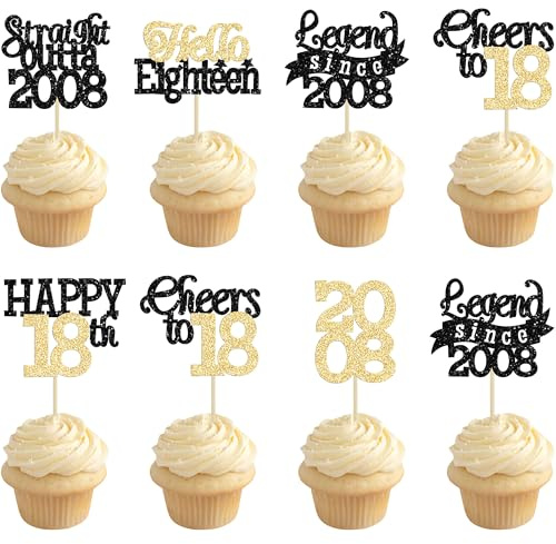 Gyufise 24Pcs Happy 18th Birthday Cupcake Toppers Hello Eighteen Legend Since 2008 Cupcake Picks Cheers to 18 Years Cake Decorations for 18th Birthday Anniversary Party Decorations Supplies Black Gold
