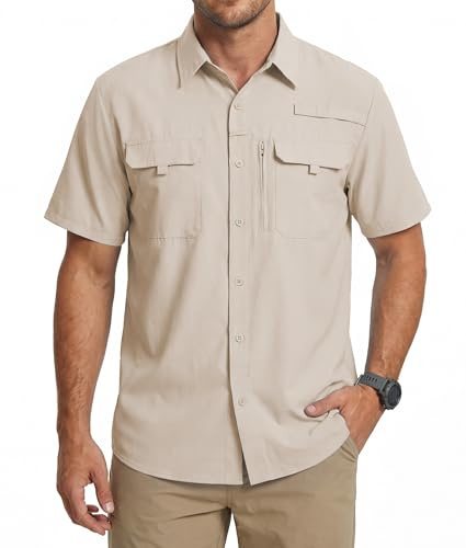Camicia da Pesca Uomo Manica Corta, Protezione Solare UV UPF 50+, Asciugatura Rapida e Traspirante, Camicia Outdoor per Escursionismo, Viaggio e Lavoro Kaki XXL