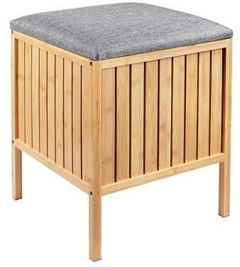 Relaxdays Wäschekorb zum Sitzen, Bambus, gepolsterter Deckel, Natur/grau | HxBxT: 52 x 39 x 39 cm, Badhocker mit Stauraum