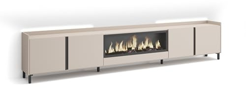 Skraut Home | Mueble TV | Muebles de salón, almacenaje | 315x61x35 cm | para televisión hasta 80 | Chimenea eléctrica XXL | Diseño Industrial | LED | Estilo Moderno | Beige