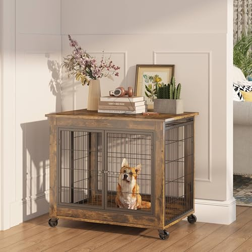 Hundekäfig Möbel mit 3 Türen, Holz Hundebox Indoor auf Rollen, Dekorativer Gitterkäfig als Beistelltisch, für Kleine und Mittlere Hunde (Brown)