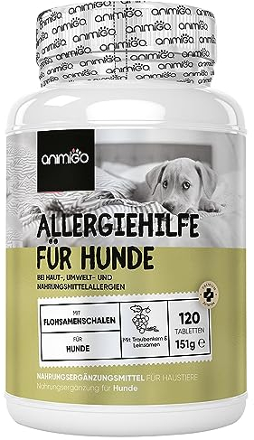 animigo Allergiehilfe für Hunde - 120 Allergie Tabletten für Haut-, Umwelt- & Nahrungsmittelallergien - Mit Kurkuma, Flohsamenschalen, Leinsamen, Traubenkernextrakt, Kürbiskern, Mit Huhn Geschmack
