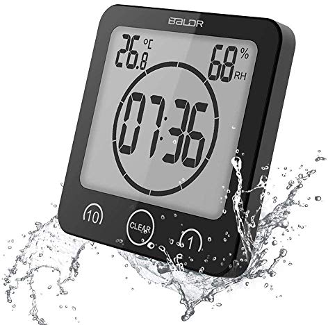 FXxswey Horloge de douche numérique LCD avec minuteur, température et humidité, étanche, ventouse murale, minuteur de cuisine (noir)
