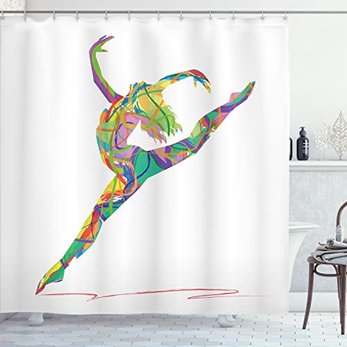 Lunarable Dance Shower Curtain, Abstract of a Dancer with Lively Colored Random Lines Jumping Ballerina Print, Cloth Fabric Bathroom Decor Set with Hooks, 69 W x 70 L, Apple Green Purple