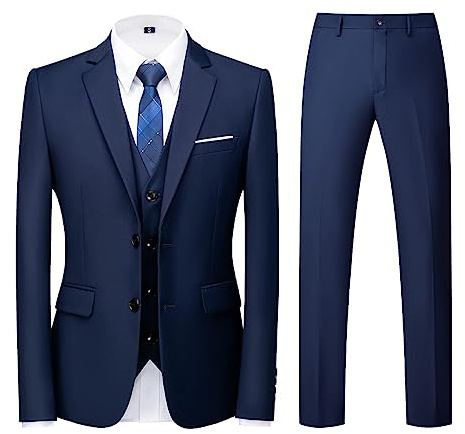 Men Suits 3 Piece Slim Fit Single Breasted Two Button Blue Wedding Tuxedo Suit Blazer Waistcoat Trousers(Blue,Small)