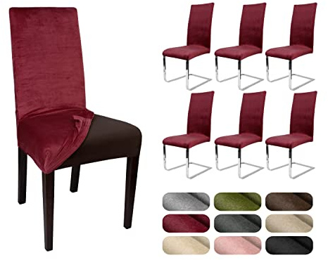 BEAUTEX Stuhlhussen Samt Stretch Stuhl & Schwingstuhl 6er Set Granat LEA | 95% Polyester, 5% Elasthan, weiche Velours-Oberfläche, Rundum-Gummizug, 30 °C waschbar, faltenarm, formstabil & langlebig