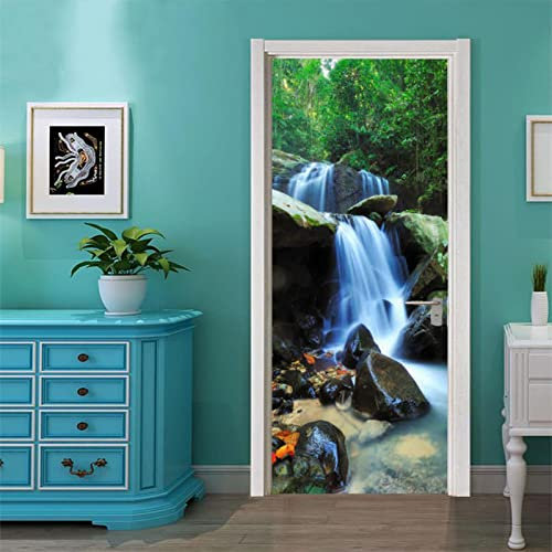 XAONUO Türtapete Selbstklebend Vinyl Türposter 3D Wasserfall Felsen Landschaft 40X120Cm Diy Türaufkleber Türfolie Türposter Selbstklebende Tür Abnehmbare Heimtapete Dekorative Kunst