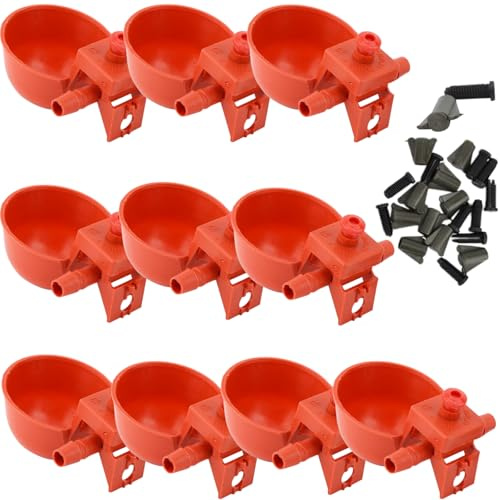 Bebedero Automático para Aves de Plástico Resistente(10Pack), Rojo | Kit de Bebederos Automáticos para Pollos con Conexión en T, Tazas de Agua para Gallinas, Patos, Granja y Criaderos