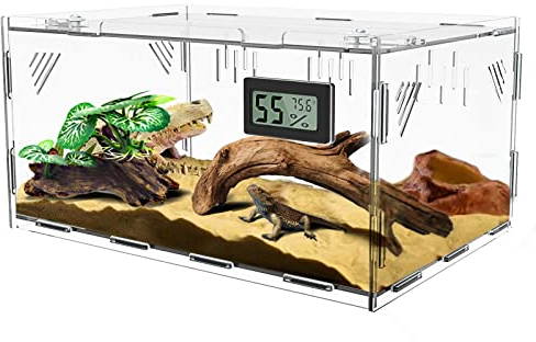 Reptilien Terrarium Tank, Acryl Transparente Reptilien Futterbox mit Temperatur Hygrometer, Insekten Futterbox, Reptilien Aufzuchtbox für Spinnen, gehörnte Frösche, Echse, Schlangen, 40 x 25 x 18 cm