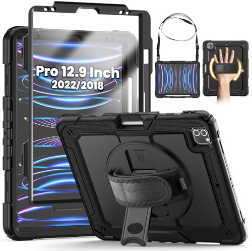 SEYMCY for iPad Pro 12.9 Inch Case 2022/2021/2020/2018(Pro 6th/5th/4th/3rd) | Full-body Shockproof with Screen Protector, 360° Rotating Stand & Hand Strap, Shoulder Strap, Pencil Holder, Black