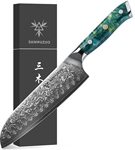 SANMUZUO Santoku Knife - 7 inch - Xuan Series - VG10 Damascus Steel Kitchen Knife - Resin Handle (Jude Green)