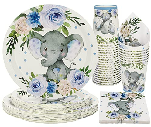 PARTY GO Lot de 100 assiettes en carton jetables sur le thème des éléphants - Décoration de bébé garçon - Pour anniversaire, révélation du sexe (25 invités, bleu)