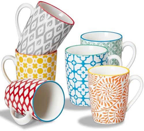 ONEMORE 6-teiliges Kaffeebecher-Set, 355 ml bunte Kaffeetassen aus Porzellan, Kaffeebecher mit Henkel, große Tassen für Kaffee, Milch, Tee und Kakao, mehrfarbig
