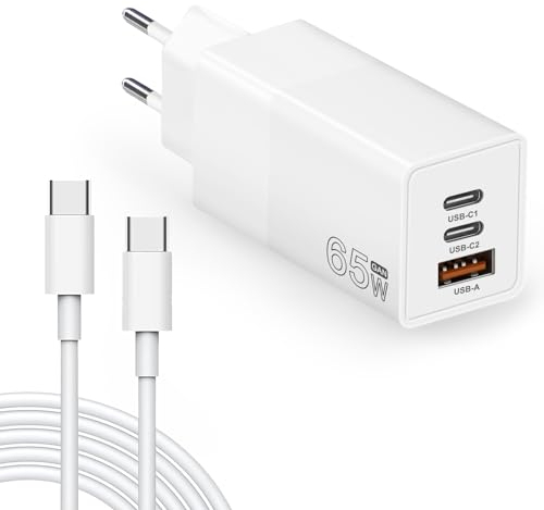 Cargador rápido USB C GAN de 65W con 3 Puertos y Cable USB-C Incluido, Compatible con iPhone 15 Pro Max/14/13/12, Galaxy S23/S22, Mac Book Pro/Air, iPad Pro, Steam Deck, Pixel y más.