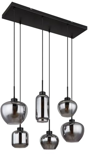 Hängeleuchte Rauchglas Pendelleuchte Glas Esszimmerlampe schwarz, Metall, 6x E27 Fassungen, LxBxH 87x43x120 cm