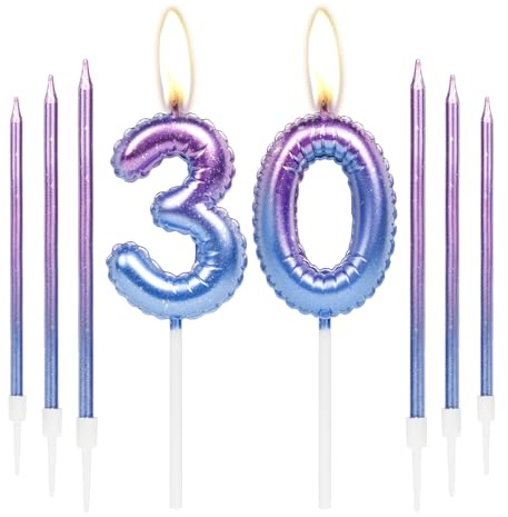 Buntes Geburtstagskerzen-Set, Zahl 30 Kerzen mit 6 lila-blauen langen Kerzen, Happy 30th Birthday Kerzen für Kuchen, Kuchenkerzen für Mädchen, Jungen, Geburtstagsparty-Dekorationen, Hochzeitstag