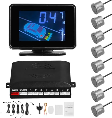 Mulcort Capteur de stationnement de voiture, système de radar de recul avant et arrière, prend en charge l'alerte acoustique/buzzer/muet avec 8 capteurs de stationnement, détection de distance,