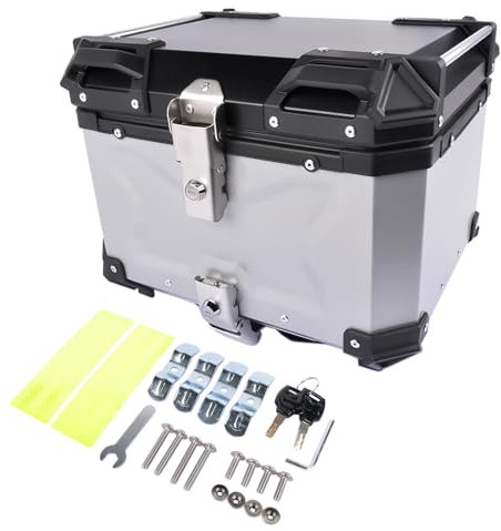 Bisenya 45L Baúl de Aluminio Impermeable para Moto, Maleta para Almacenamiento de Casco, Caja con Cerradura de Seguridad, Caja Superior de Motocicleta (Plata)