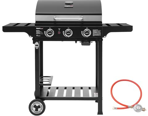 Royal Gourmet 3 Brenner Gasgrill Grillwagen mit Klappbaren Seitenablagen, Camping Grill mit Flascheständer, Standgrill mit Edelstahl Brenner 9 kW Schwarz