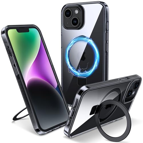 Flyzoo Magnetic Kickstand Case for iPhone 14 Plus, [Compatible with MagSafe & Invisible Ring Stand Holder] [Non-Yellowing & Shockproof] Clear Transparent Hard Silicone Edge Cover, 6.7'', Clear Black