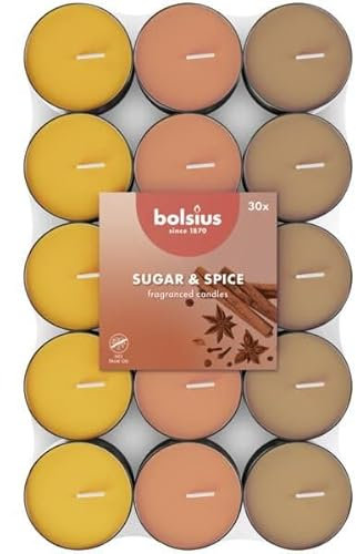 Bolsius - 30 Duft theelichter - Zucker und Gewürz - Brenndauer von 3,5 Stunden - Durchmesser 38 mm – Natürliche Extrakte – Enthält Veganes Wachs – Ohne Palmöl
