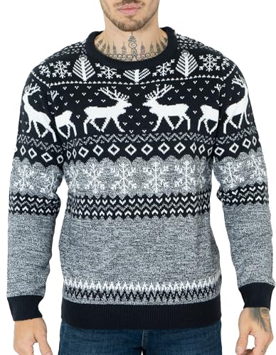 NOROZE Christmas Men's Jumpers | Nordic Style Knitted Lightweight Reindeer Printed Jumper | Crew Neck Long Sleeve Pullover Top | Christmas Jumper Xmas Jumper Sweaters for Men Navy