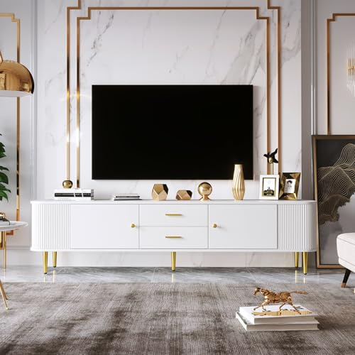 Lexiou TV-Schrank mit Schubladen, geschwungenen Ecken, Wohnzimmer-TV-Schrank mit gewellten Seiten, goldenen Griffen und Beinen