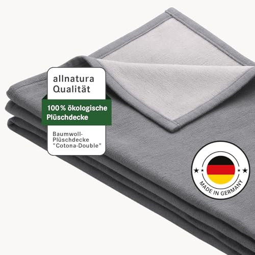 allnatura Grande couverture en peluche et coton moelleux - Double - 140 x 200 cm - Gris - Fabriquée en Allemagne - Couverture de canapé durable 100 % coton bio - Lavable en machine