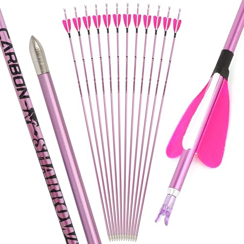 surwolf 32 Flechas de Carbono Puro, ID 4,2mm, Flechas de Caza para Tiro con Arco, Spine 400~1000 para Arco Compuesto y recurvo, 12 Uds (Rosa, 1000)